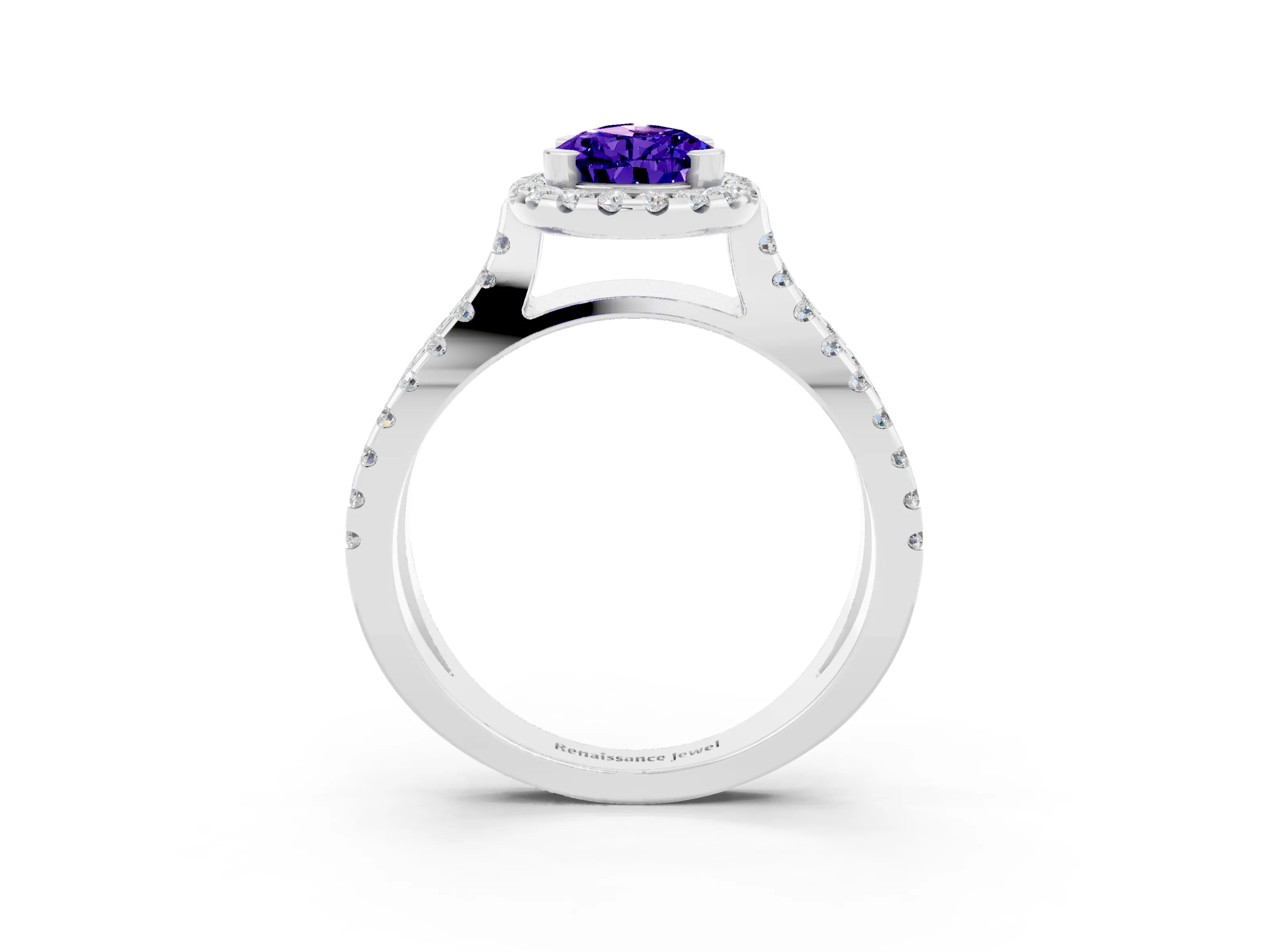 White gold Pear Cut Tanzanite Halo Ring with Split Shank Pavé Band and Prong Setting_3