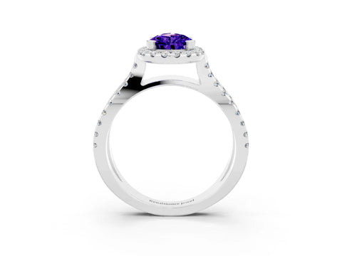 White gold Pear Cut Tanzanite Halo Ring with Split Shank Pavé Band and Prong Setting_3