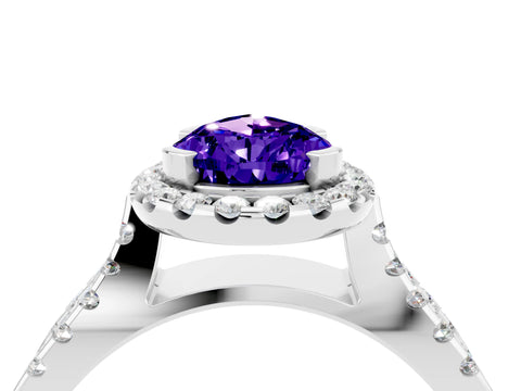 White gold Pear Cut Tanzanite Halo Ring with Split Shank Pavé Band and Prong Setting_4