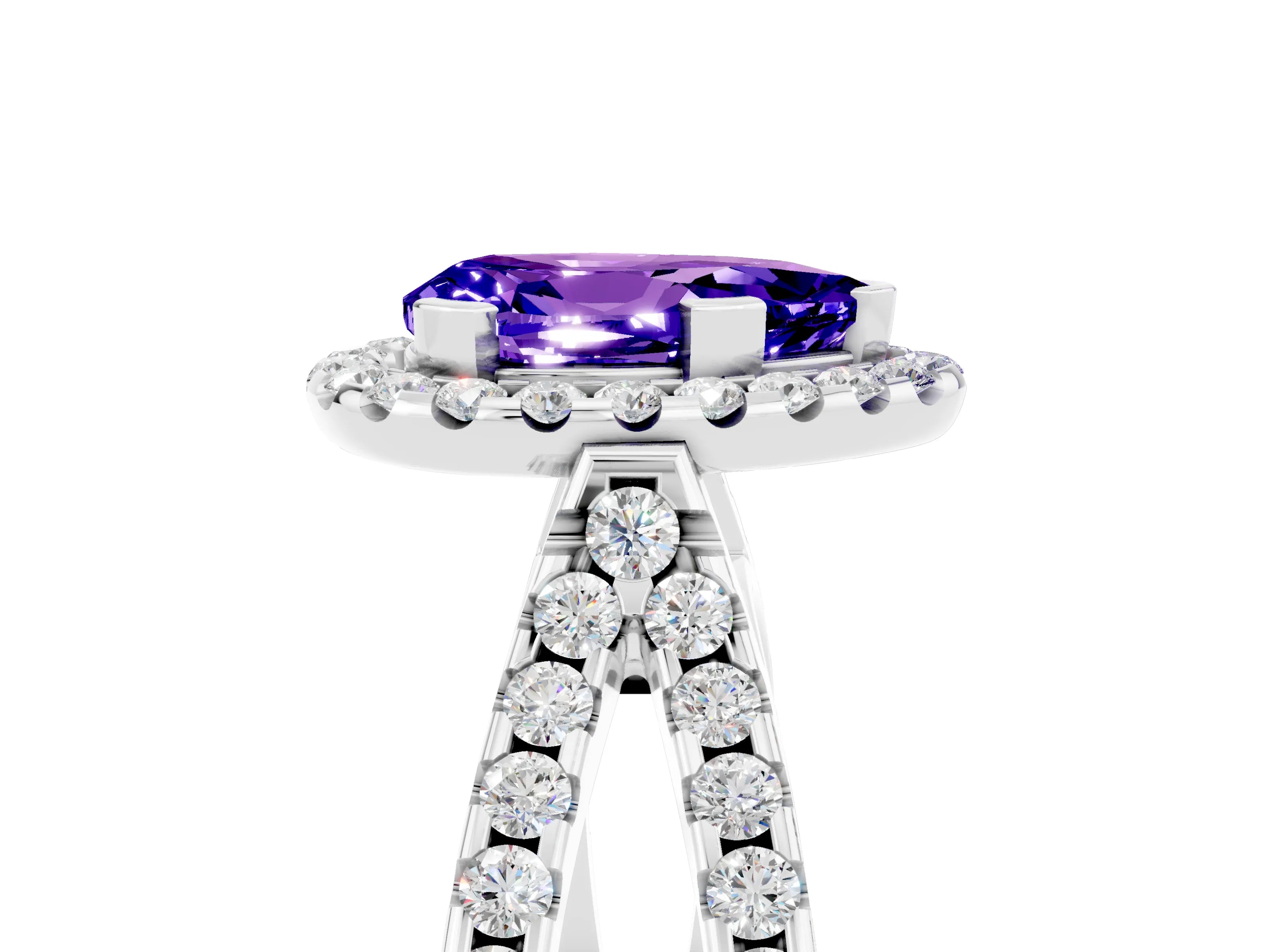 White gold Pear Cut Tanzanite Halo Ring with Split Shank Pavé Band and Prong Setting_5