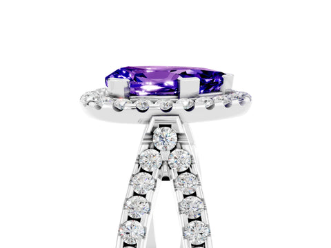 White gold Pear Cut Tanzanite Halo Ring with Split Shank Pavé Band and Prong Setting_5