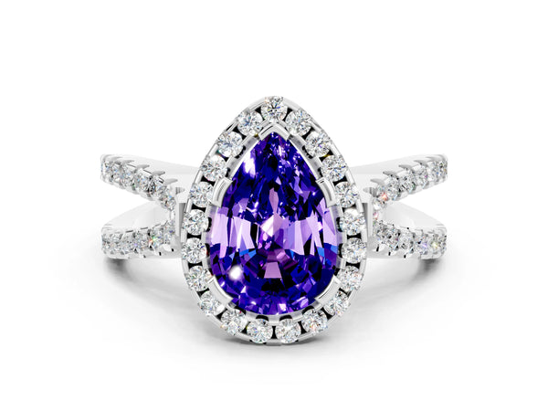 White gold Pear Cut Tanzanite Halo Ring with Split Shank Pavé Band and Prong Setting