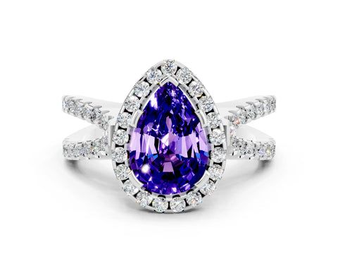 White gold Pear Cut Tanzanite Halo Ring with Split Shank Pavé Band and Prong Setting