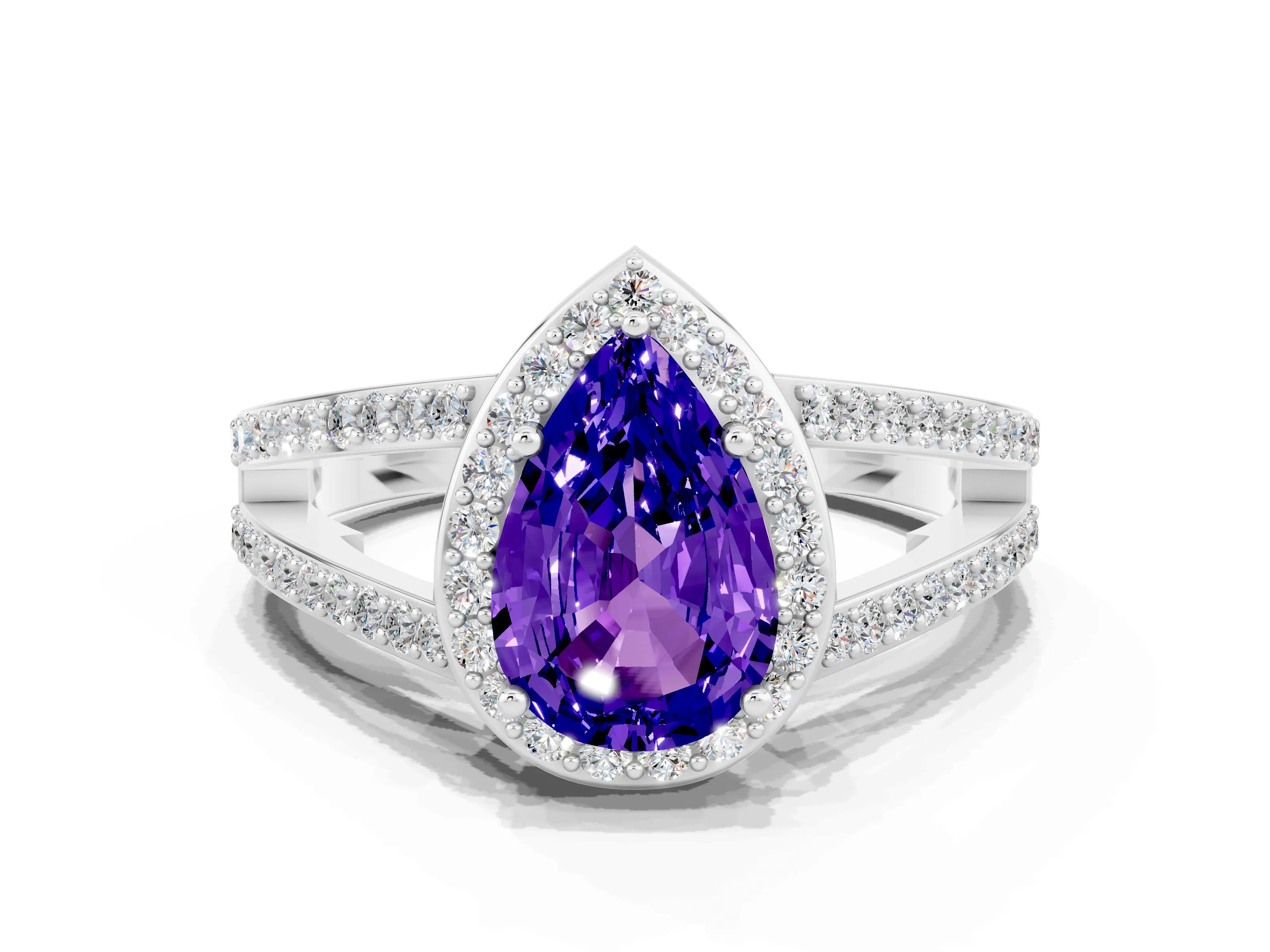White gold Pear Cut Tanzanite Halo Ring with Split Shank U-Prong Band and Four-Prong Setting