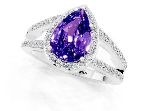 Silver Pear Cut Tanzanite Halo Ring with Split Shank U-Prong Band and Four-Prong Setting