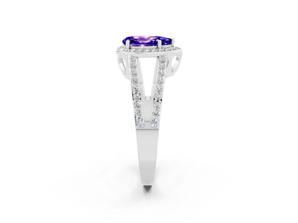 Platinum Pear Cut Tanzanite Halo Ring with Split Shank U-Prong Band and Four-Prong Setting