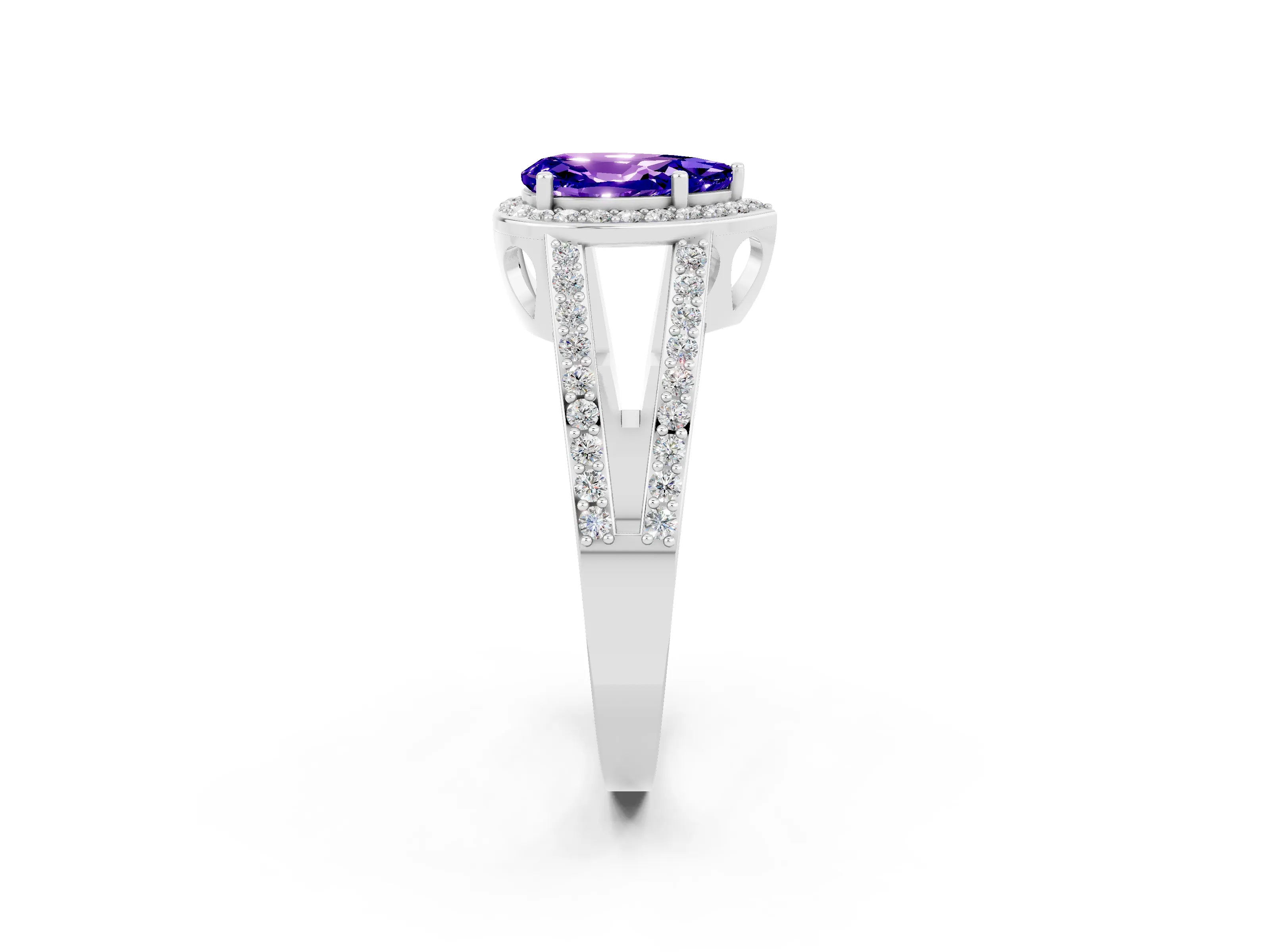 White gold Pear Cut Tanzanite Halo Ring with Split Shank U-Prong Band and Four-Prong Setting_2