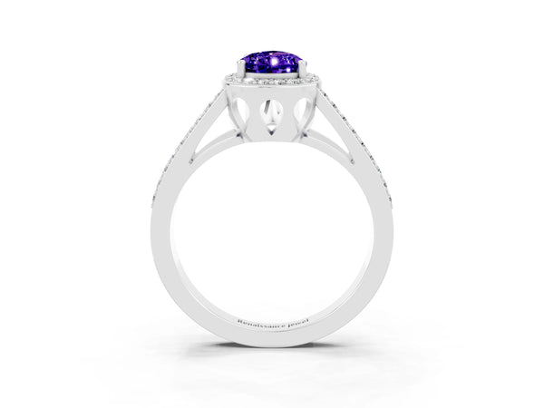 Platinum Pear Cut Tanzanite Halo Ring with Split Shank U-Prong Band and Four-Prong Setting
