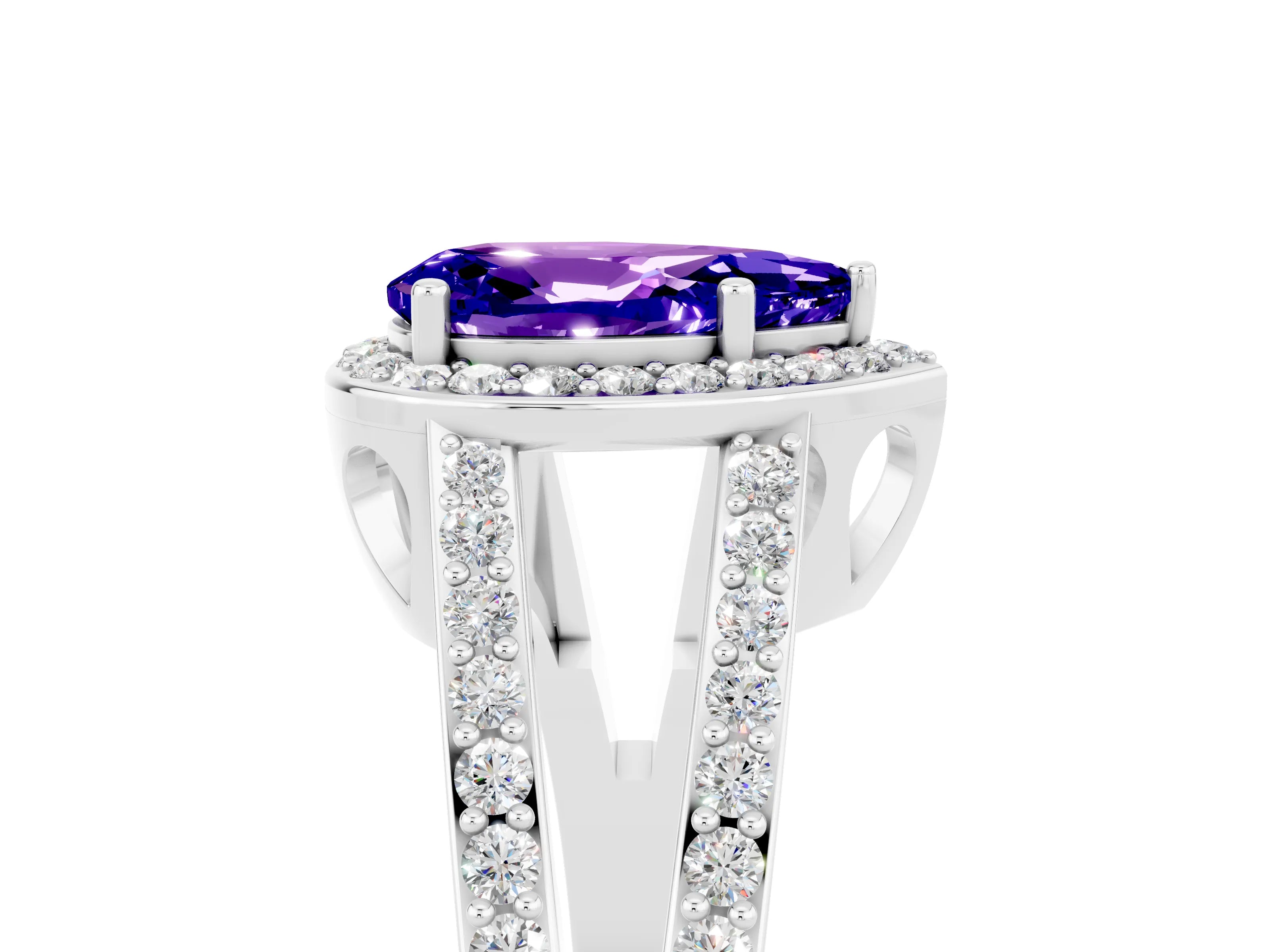 White gold Pear Cut Tanzanite Halo Ring with Split Shank U-Prong Band and Four-Prong Setting_5
