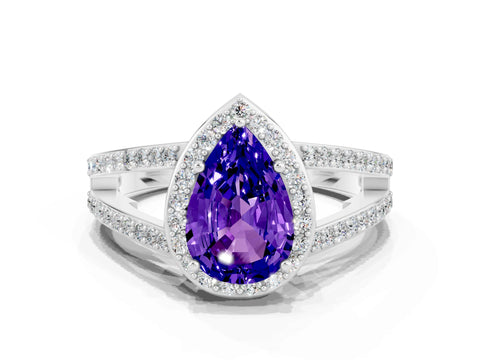 White gold Pear Cut Tanzanite Halo Ring with Split Shank U-Prong Band and Four-Prong Setting