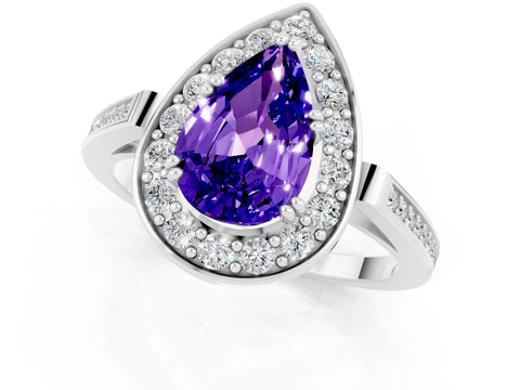 White gold Pear Cut Tanzanite Halo Ring with Split Shank and Four-Prong Setting_13
