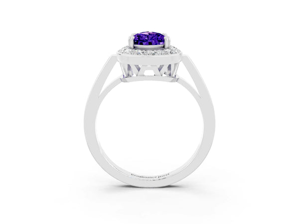 White gold Pear Cut Tanzanite Halo Ring with Split Shank and Four-Prong Setting