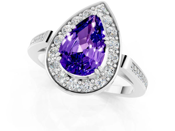 Silver Pear Cut Tanzanite Halo Ring with Split Shank and Four-Prong Setting