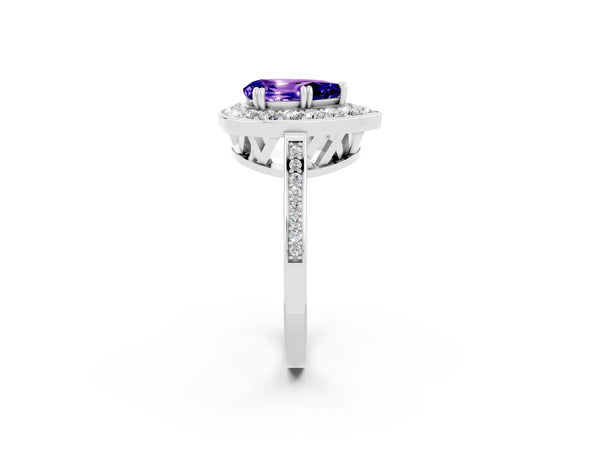 Silver Pear Cut Tanzanite Halo Ring with Split Shank and Four-Prong Setting