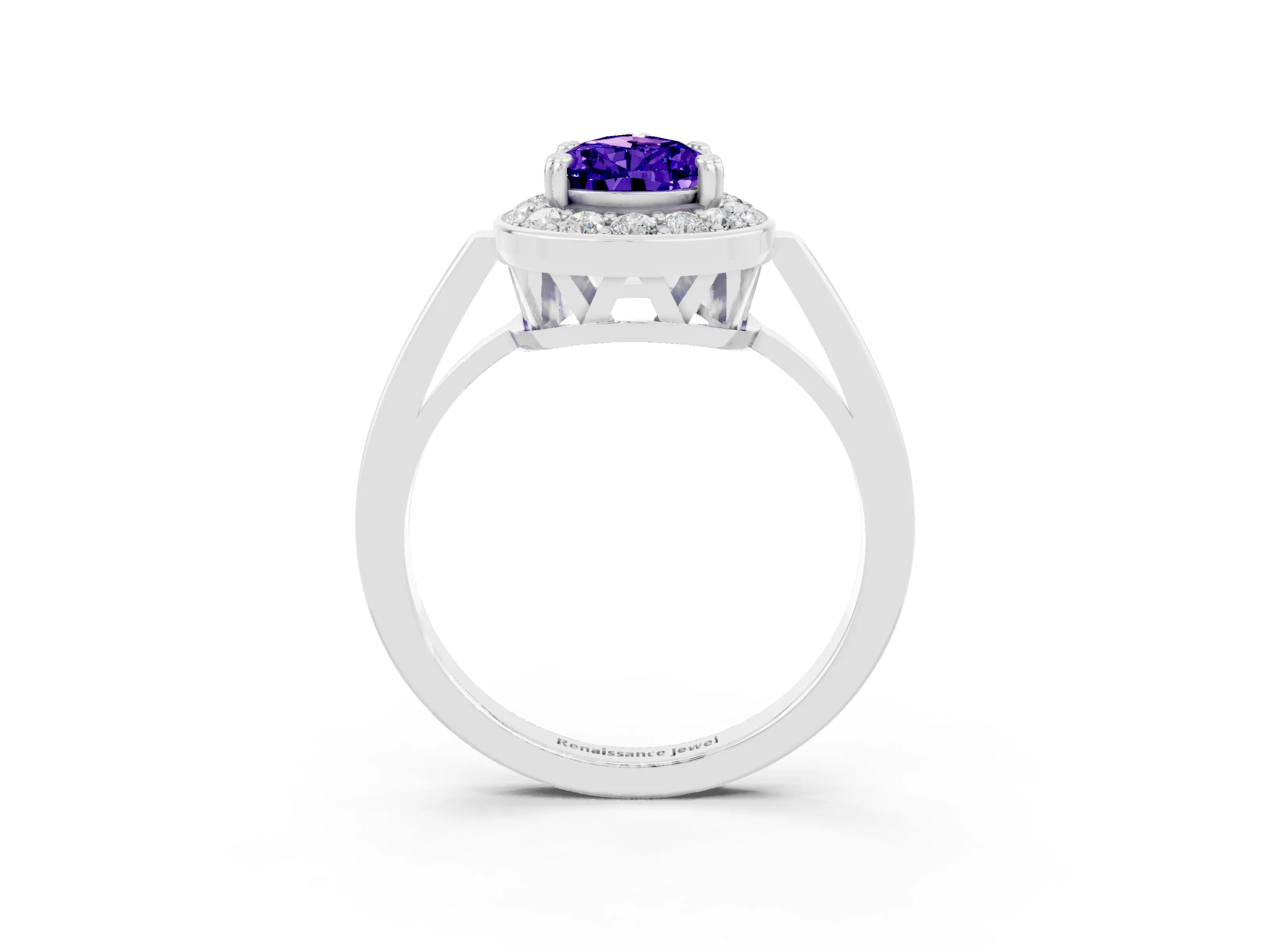 White gold Pear Cut Tanzanite Halo Ring with Split Shank and Four-Prong Setting_3
