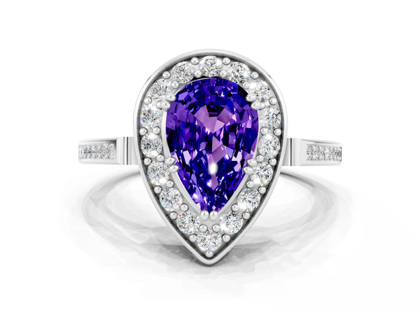 Platinum Pear Cut Tanzanite Halo Ring with Split Shank and Four-Prong Setting