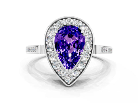 White gold Pear Cut Tanzanite Halo Ring with Split Shank and Four-Prong Setting