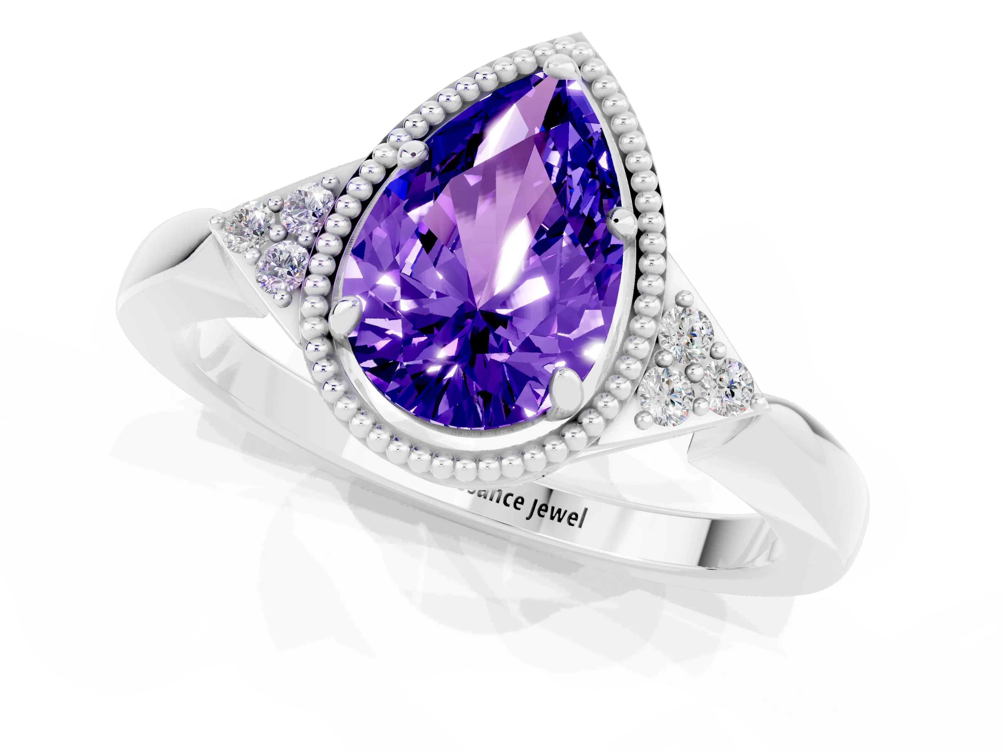 White gold Pear Cut Tanzanite Halo Ring with Tapered Band and Four-Prong Setting_1