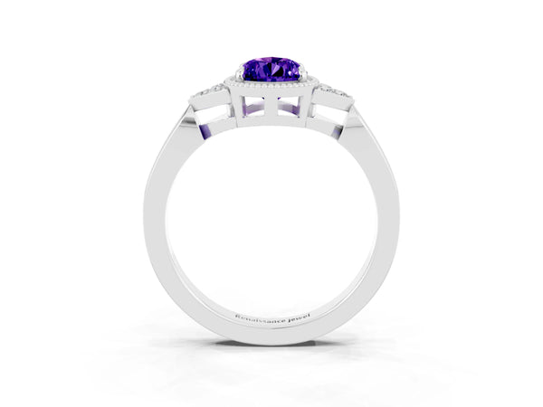 Silver Pear Cut Tanzanite Halo Ring with Tapered Band and Four-Prong Setting