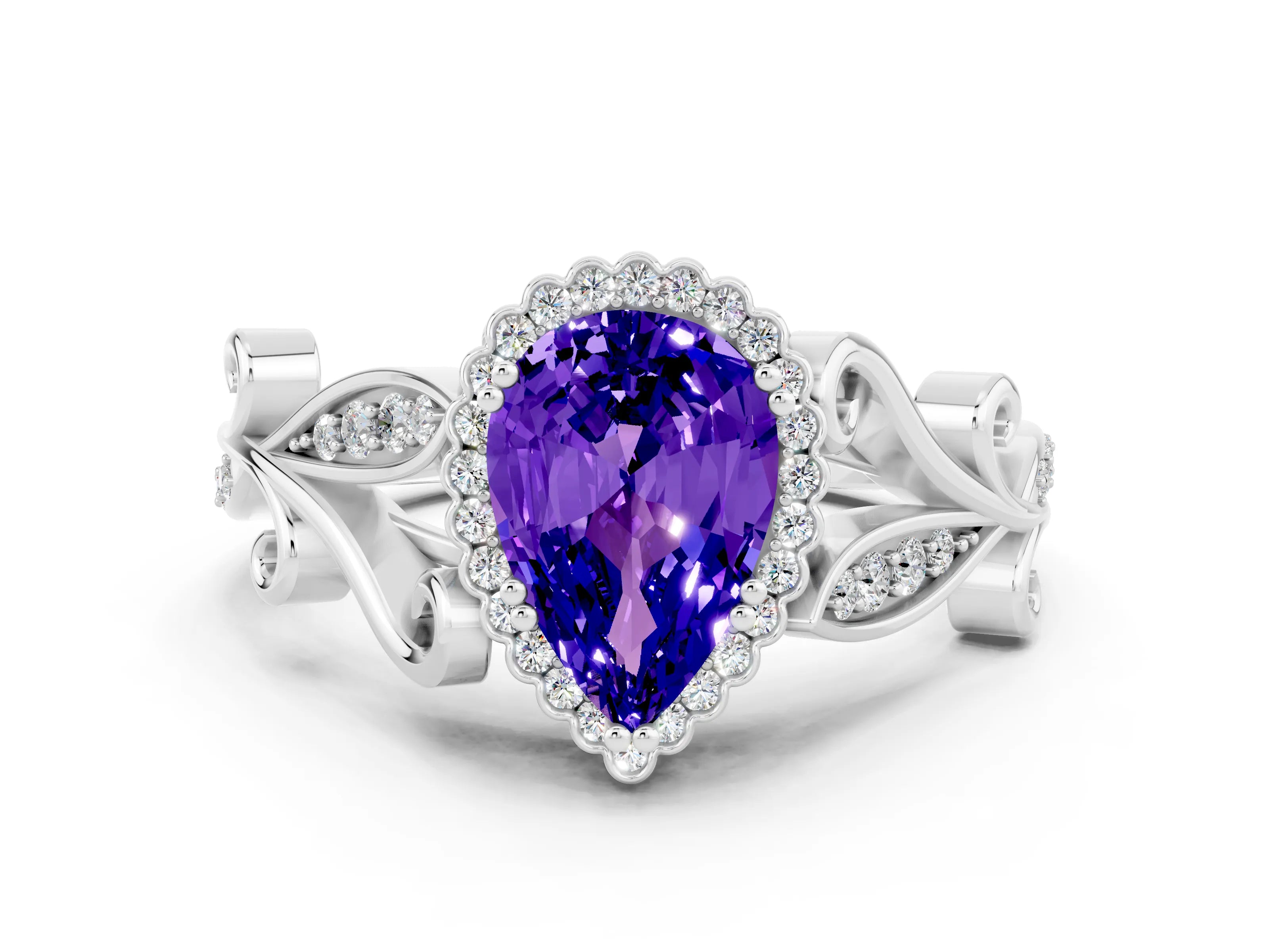 White gold Pear Cut Tanzanite Halo Ring with Vintage Split Shank and Four-Prong Setting