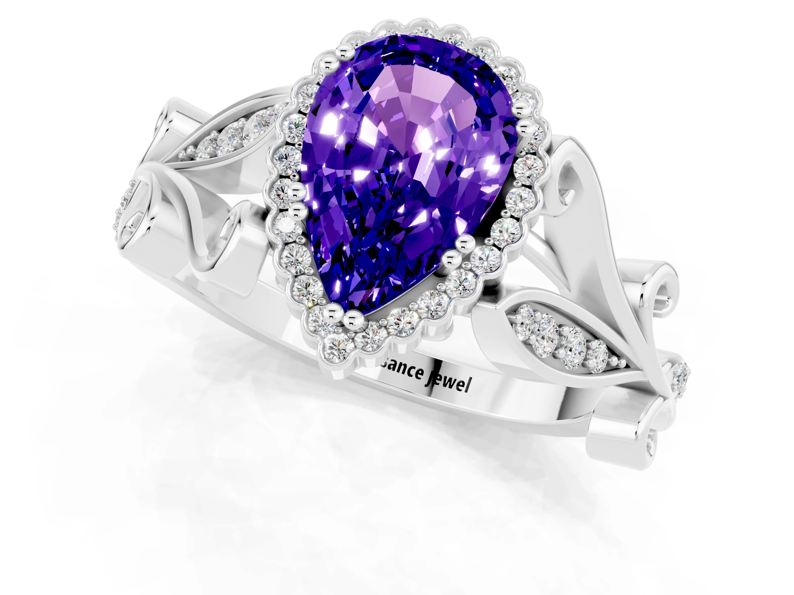 White gold Pear Cut Tanzanite Halo Ring with Vintage Split Shank and Four-Prong Setting_1