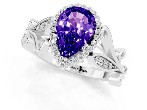 White gold Pear Cut Tanzanite Halo Ring with Vintage Split Shank and Four-Prong Setting_1