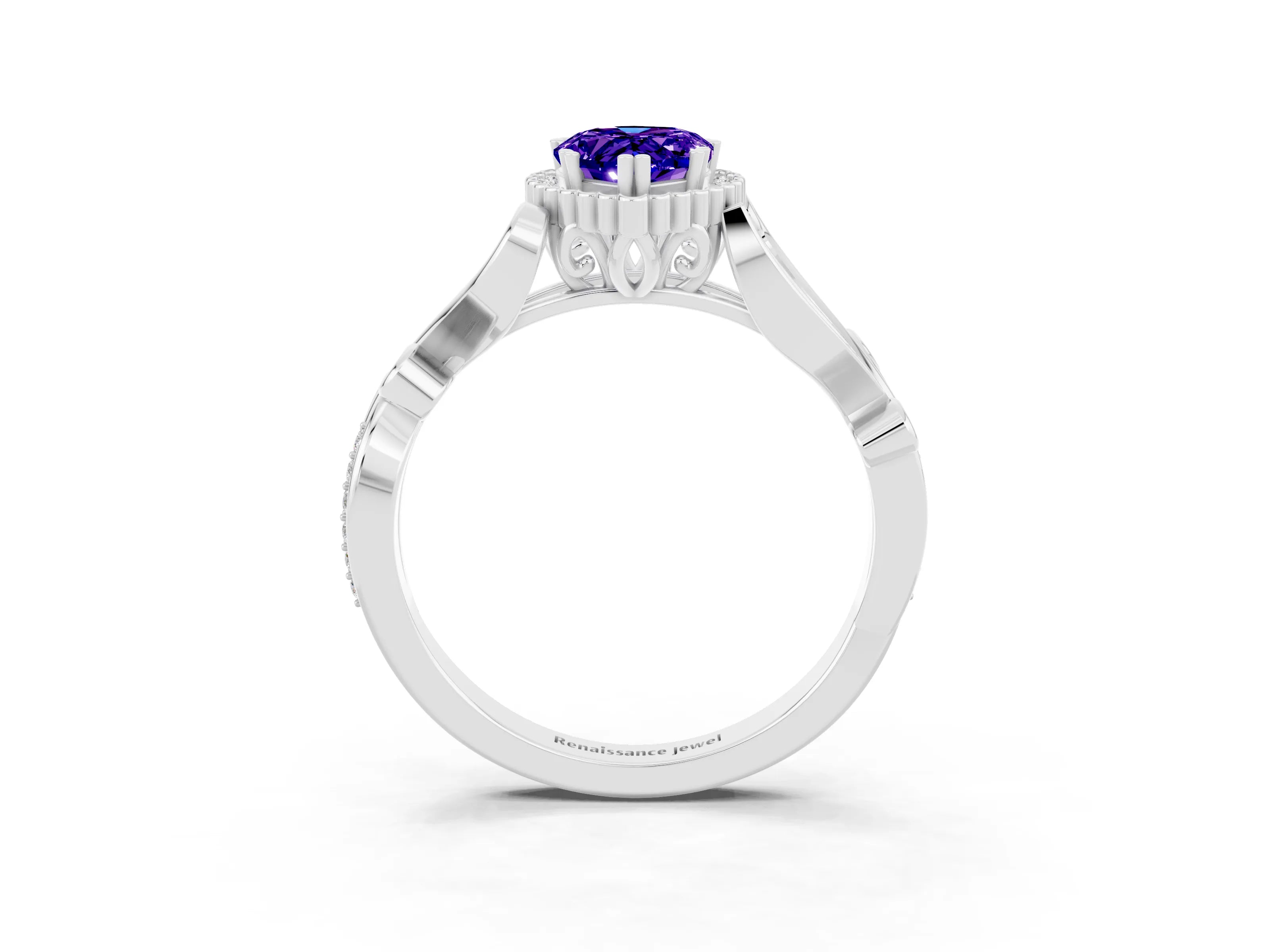 White gold Pear Cut Tanzanite Halo Ring with Vintage Split Shank and Four-Prong Setting_3