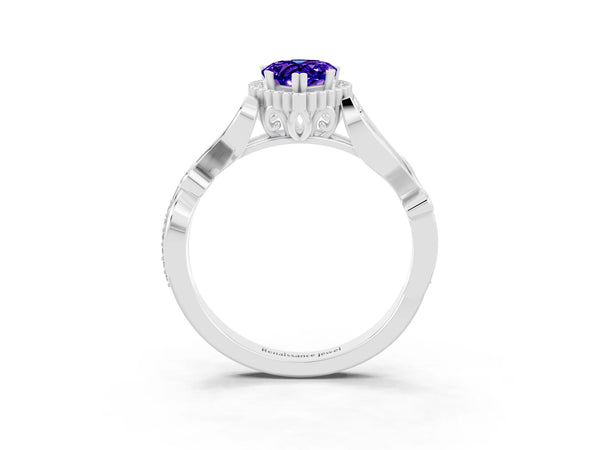 Platinum Pear Cut Tanzanite Halo Ring with Vintage Split Shank and Four-Prong Setting