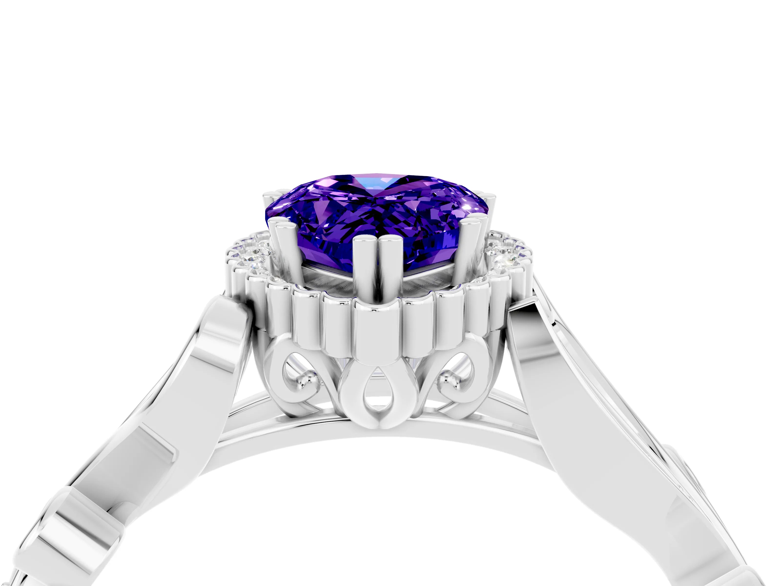White gold Pear Cut Tanzanite Halo Ring with Vintage Split Shank and Four-Prong Setting_4