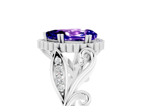 White gold Pear Cut Tanzanite Halo Ring with Vintage Split Shank and Four-Prong Setting_5