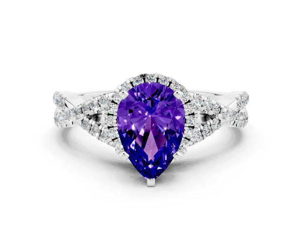 White gold Pear Cut Tanzanite  Halo Twist Band Solitaire Prong Setting Ring