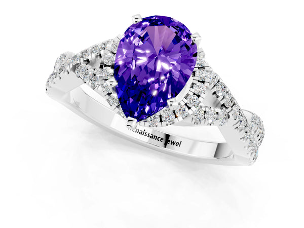 White gold Pear Cut Tanzanite  Halo Twist Band Solitaire Prong Setting Ring