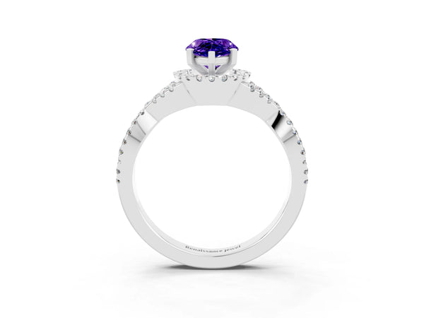 White gold Pear Cut Tanzanite  Halo Twist Band Solitaire Prong Setting Ring