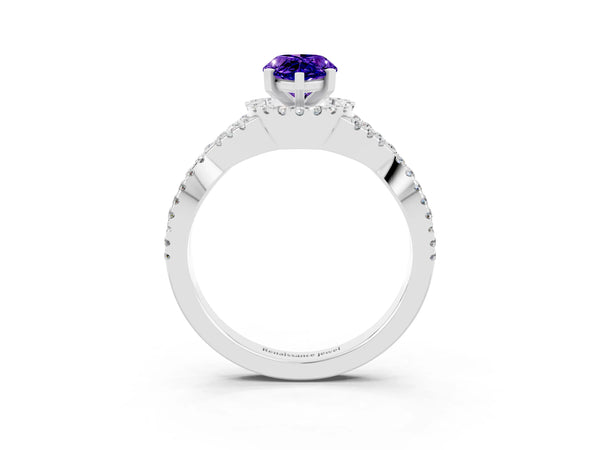 Silver Pear Cut Tanzanite  Halo Twist Band Solitaire Prong Setting Ring