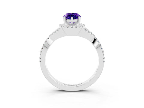 White gold Pear Cut Tanzanite Halo Twist Band Solitaire Prong Setting Ring_3