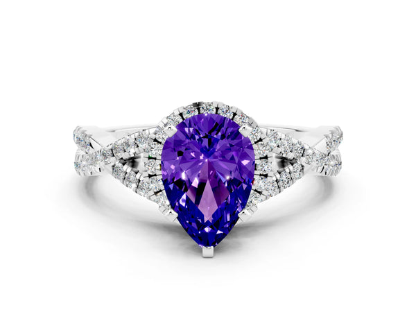 White gold Pear Cut Tanzanite  Halo Twist Band Solitaire Prong Setting Ring