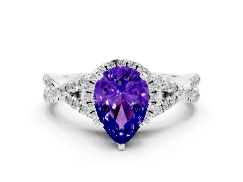 White gold Pear Cut Tanzanite Halo Twist Band Solitaire Prong Setting Ring