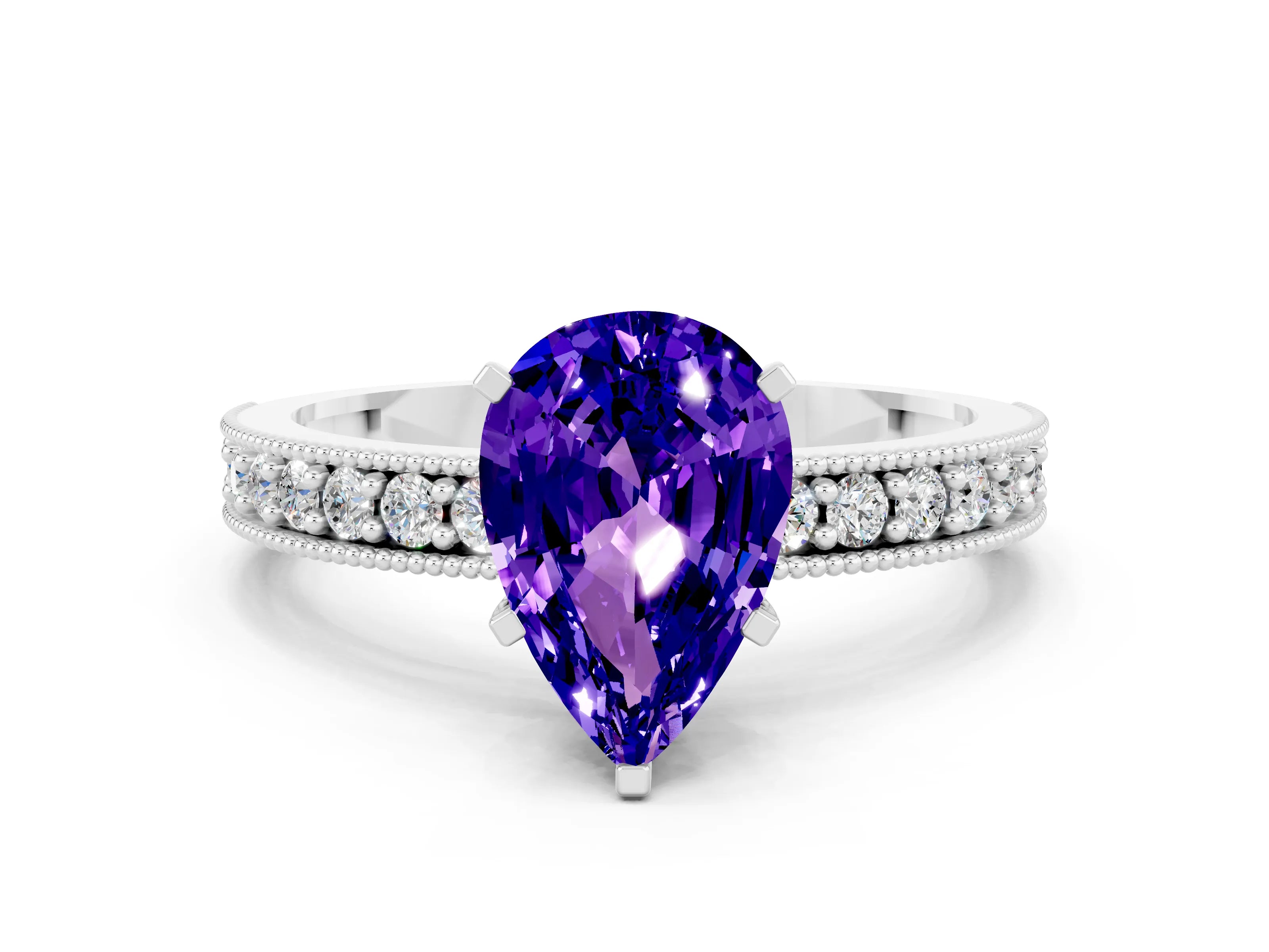 White gold Pear Cut Tanzanite Milgrain Pavé Engagement Ring with Four-Prong Setting