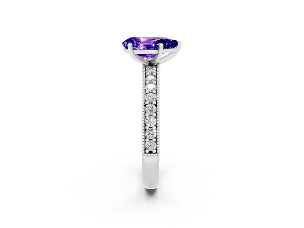 Silver Pear Cut Tanzanite Milgrain Pavé Engagement Ring with Four-Prong Setting