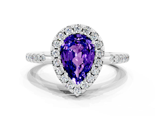 Platinum Pear Cut Tanzanite Pavé Halo Ring with Four-Prong Setting