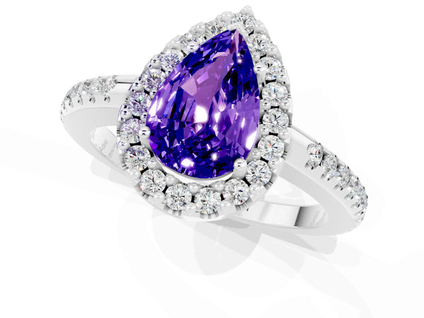 Platinum Pear Cut Tanzanite Pavé Halo Ring with Four-Prong Setting