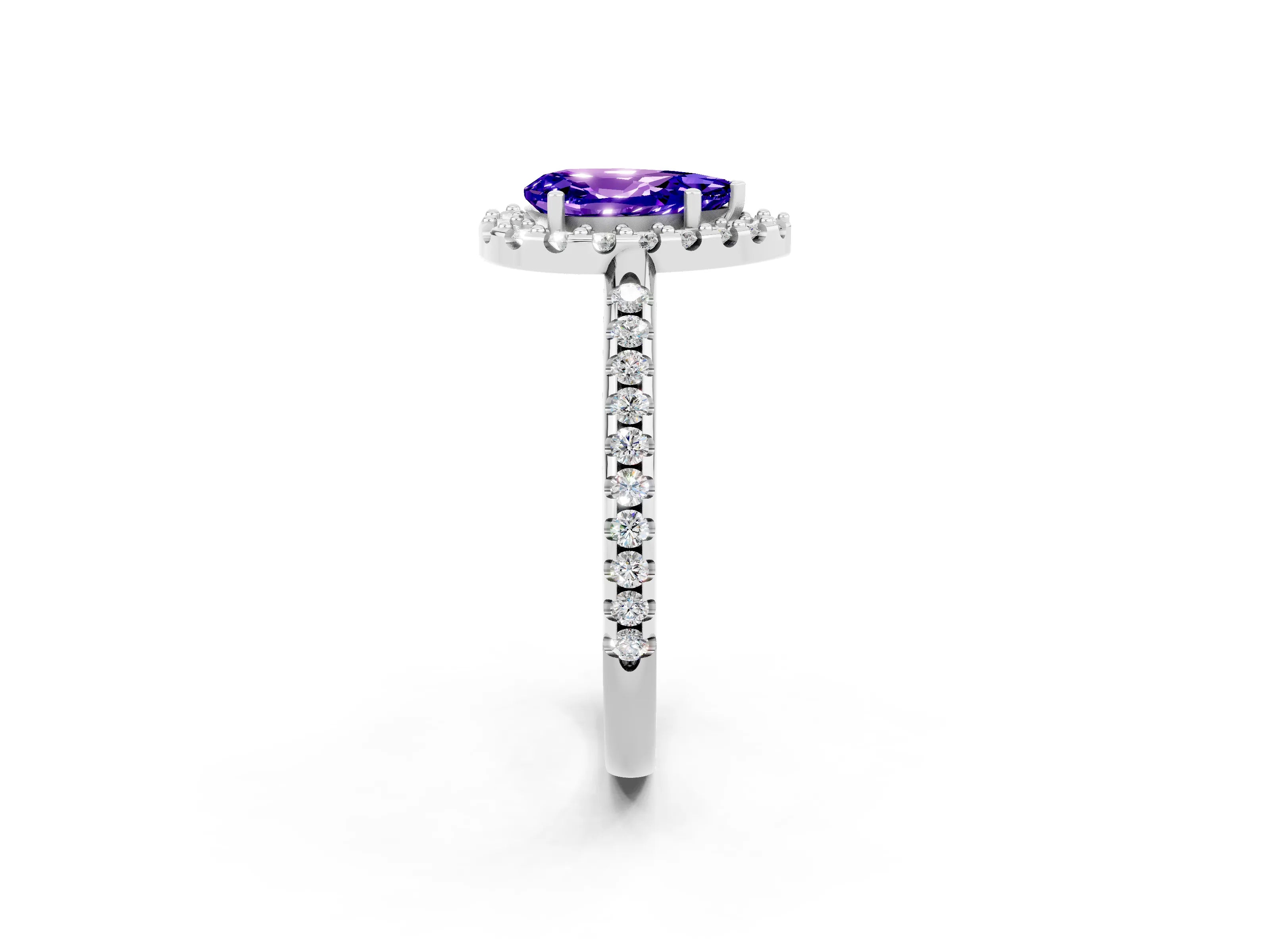White gold Pear Cut Tanzanite Pavé Halo Ring with Four-Prong Setting_14