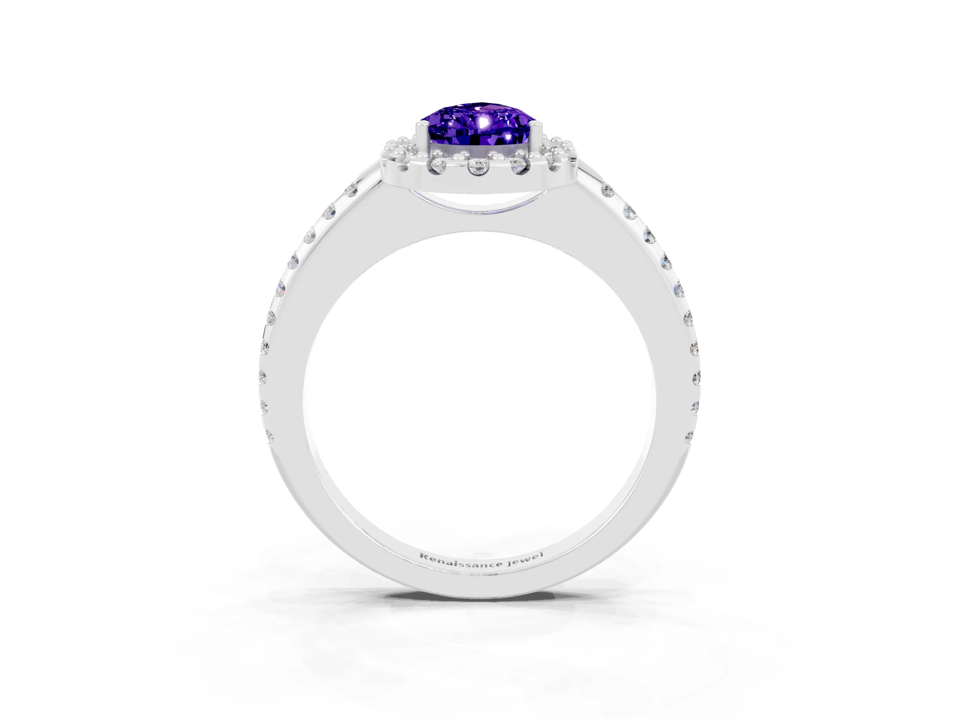 White gold Pear Cut Tanzanite Pavé Halo Ring with Four-Prong Setting_15