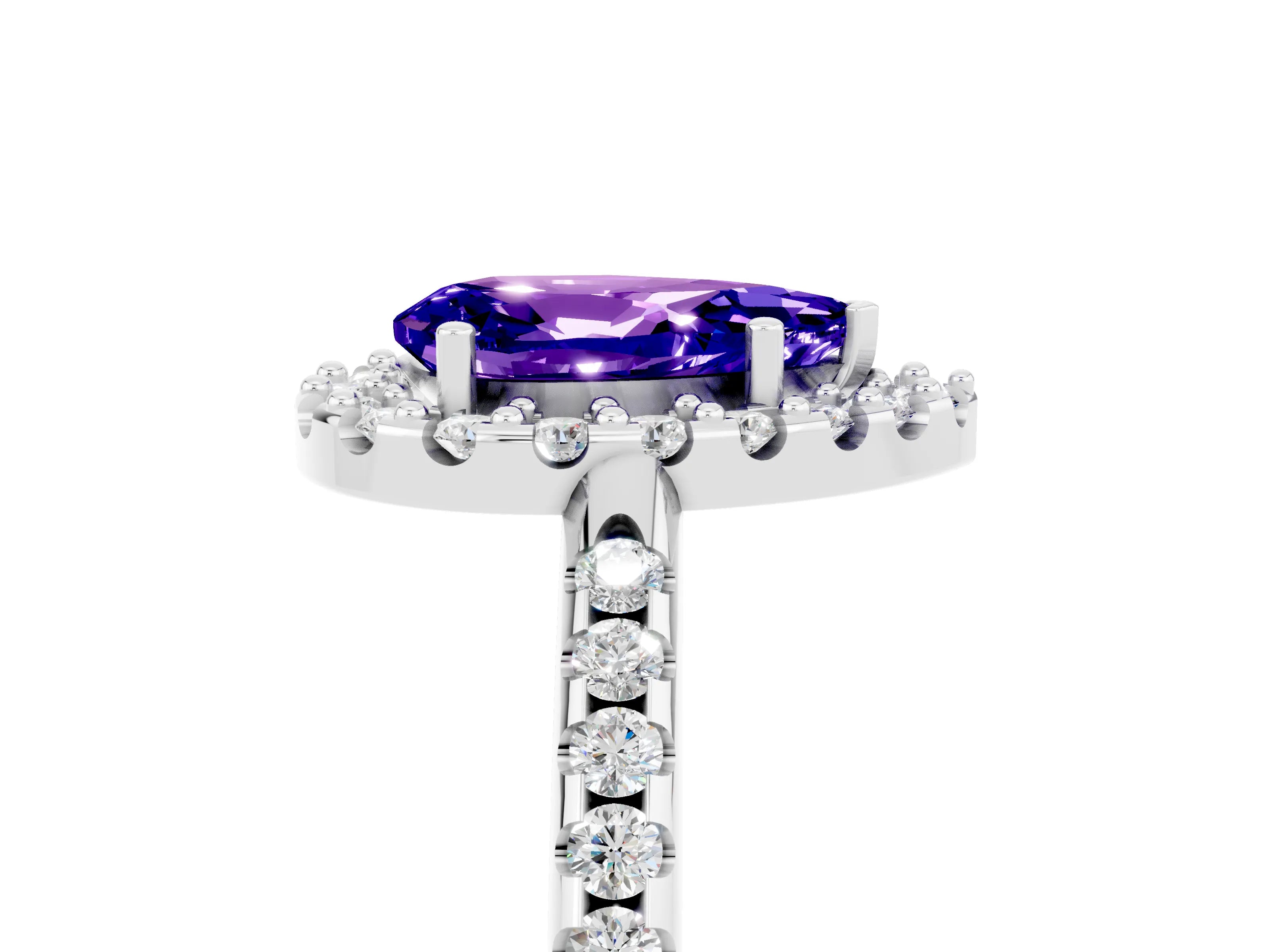 White gold Pear Cut Tanzanite Pavé Halo Ring with Four-Prong Setting_17