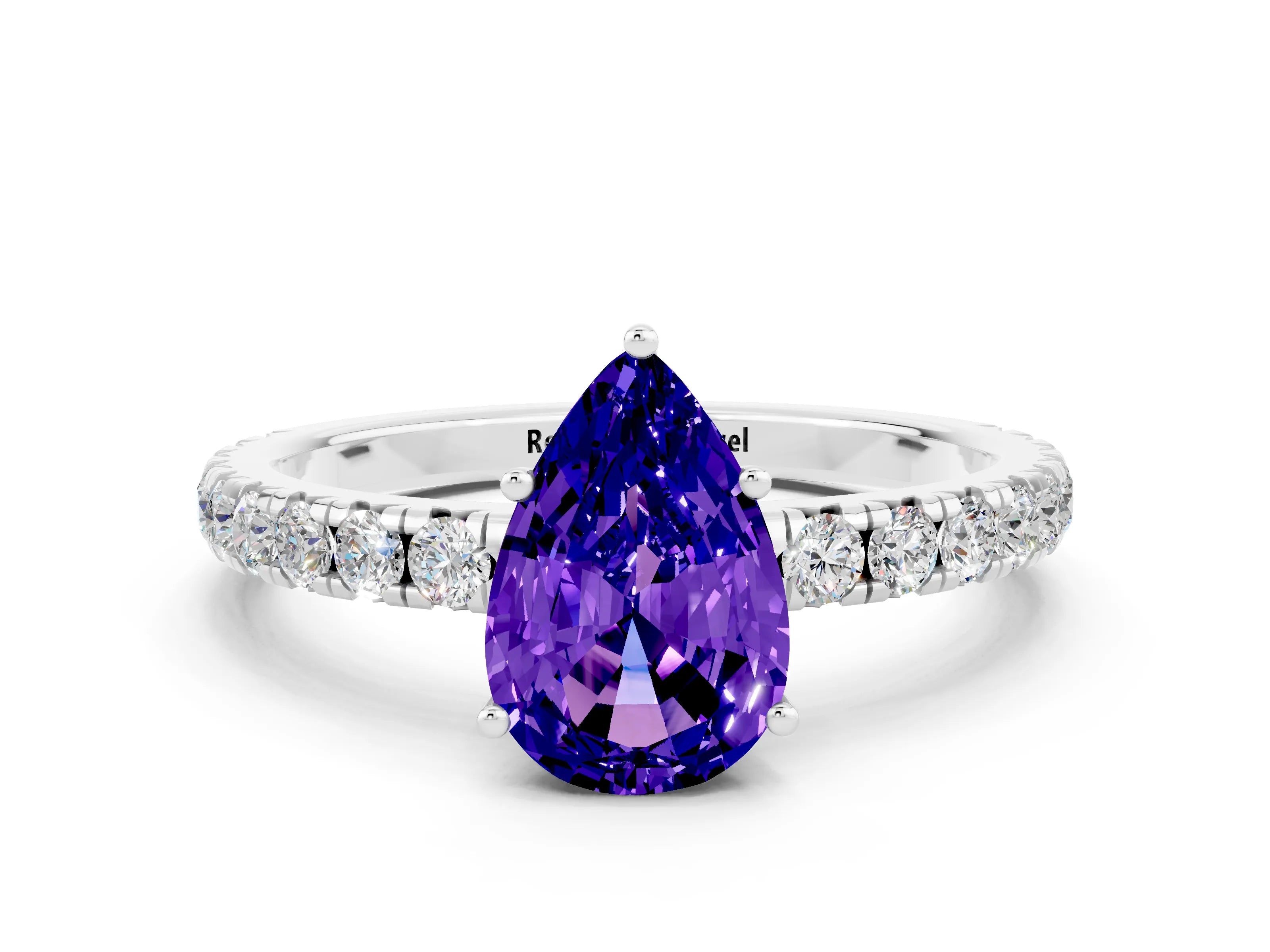 White gold Pear Cut Tanzanite Pavé Solitaire Engagement Ring with Four-Prong Setting_12