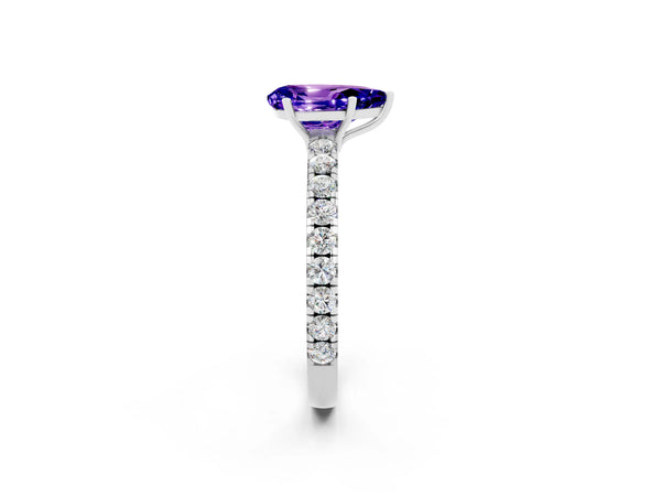 Silver Pear Cut Tanzanite Pavé Solitaire Engagement Ring with Four-Prong Setting