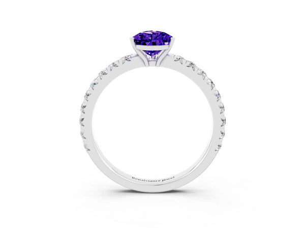 White gold Pear Cut Tanzanite Pavé Solitaire Engagement Ring with Four-Prong Setting