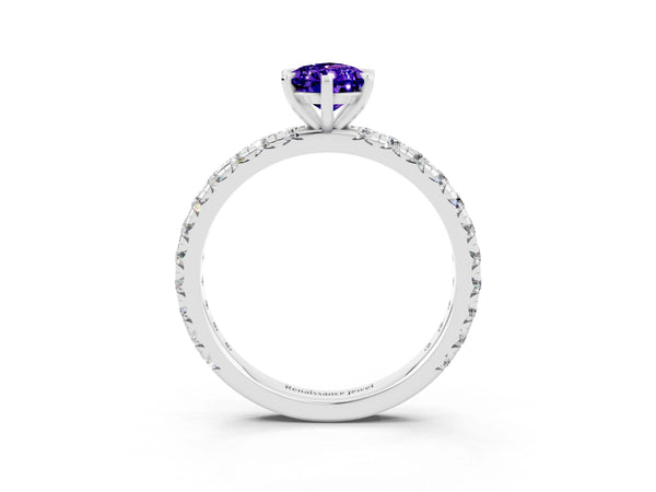 Silver Pear Cut Tanzanite Pavé Solitaire Ring with Round Band and Prong Setting