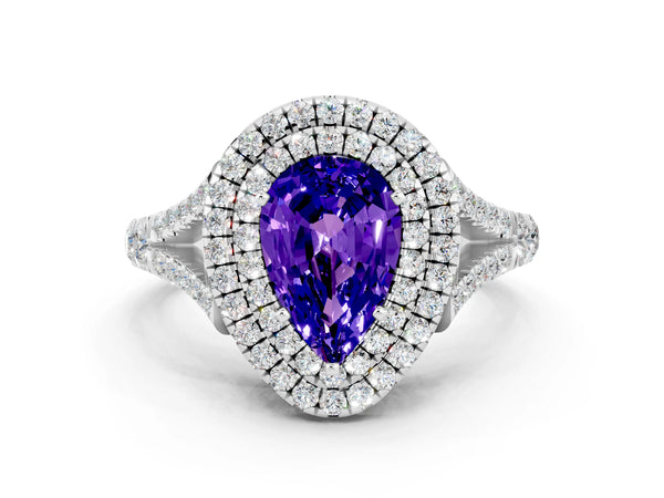 Platinum Pear Cut Tanzanite Pavé Split Shank Double Halo Engagement Ring