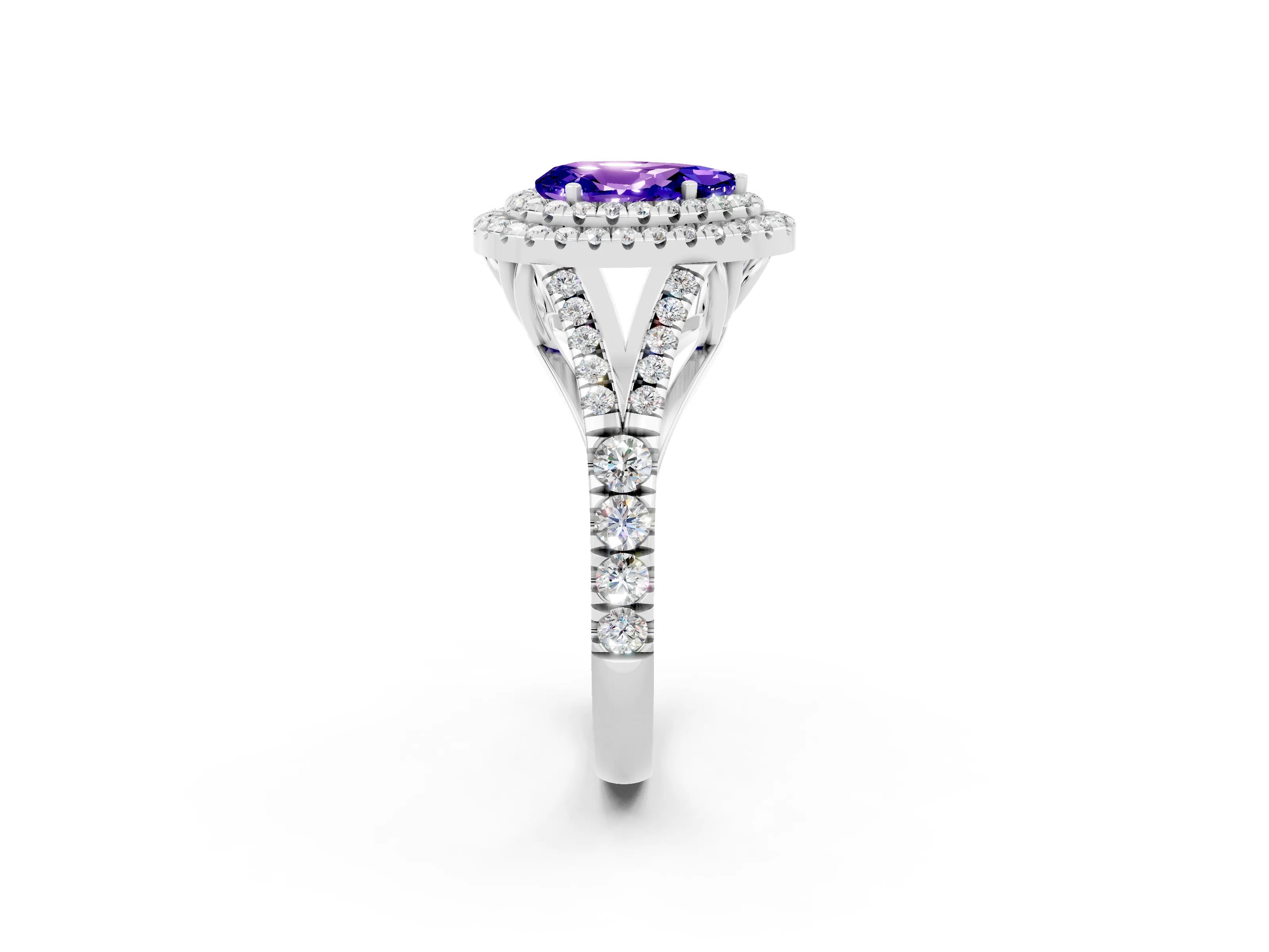 White gold Pear Cut Tanzanite Pavé Split Shank Double Halo Engagement Ring_2